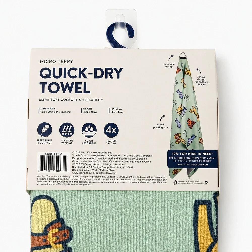 Life is Good Micro Terry Quick-Dry Towel Green Camping Print 72.5 x 30 in